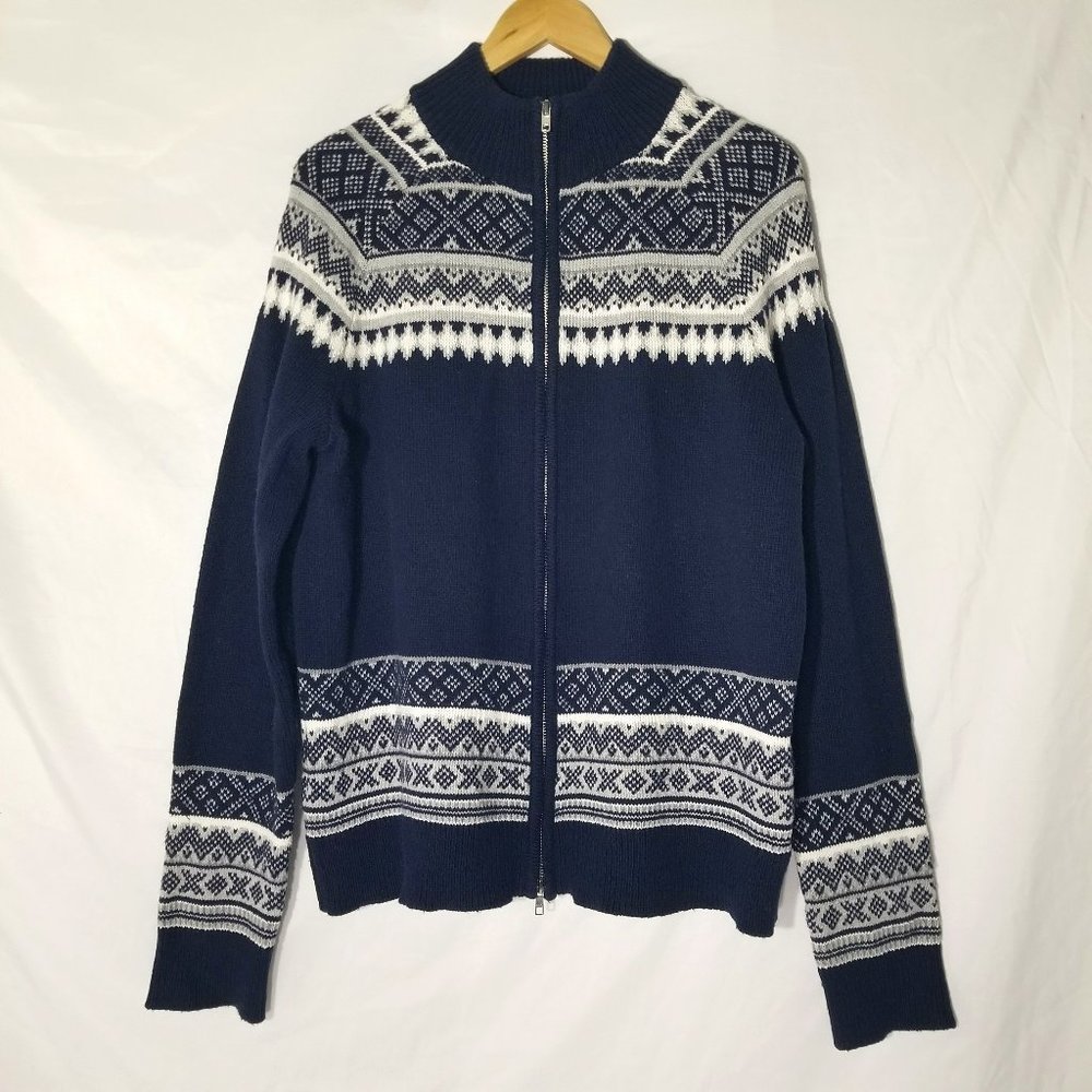 Goodfellow & Co Mens L Full Zip Cardigan Sweater Navy Blue Cream Chevron Argyle